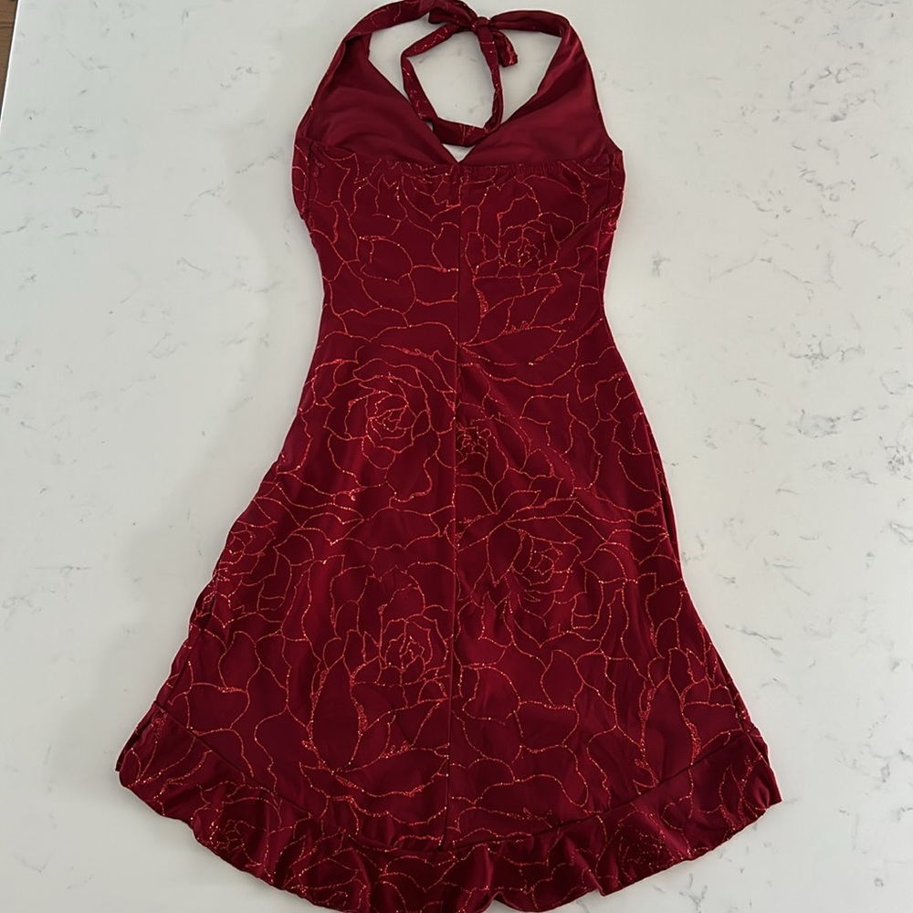 Mariposa Red Sparkly Halter Mini-Dress, V-neck. Size Small - Picture 10 of 13